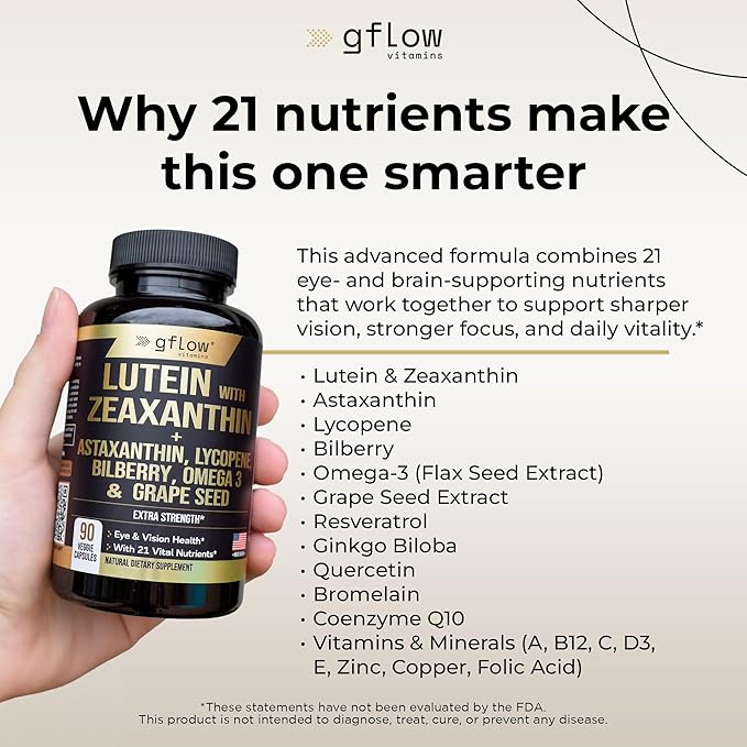 Lutein and Zeaxanthin Supplements - Advanced Eye Vitamins with Astaxanthin Omega 3 Resveratrol Bilberry Lycopene Quercetin Ginkgo Biloba Vitamin D | Health Vision | Made in USA