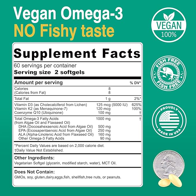 2 Pack Vegan Omega 3 D3 K2 CoQ10 Supplement Plant Based DHA EPA ALA for Women Men Omega 3 Organic Algae Flaxseed Oil Supplement for Bone Brain Eye &amp Immune Support No Carrageenan 240 Softgel