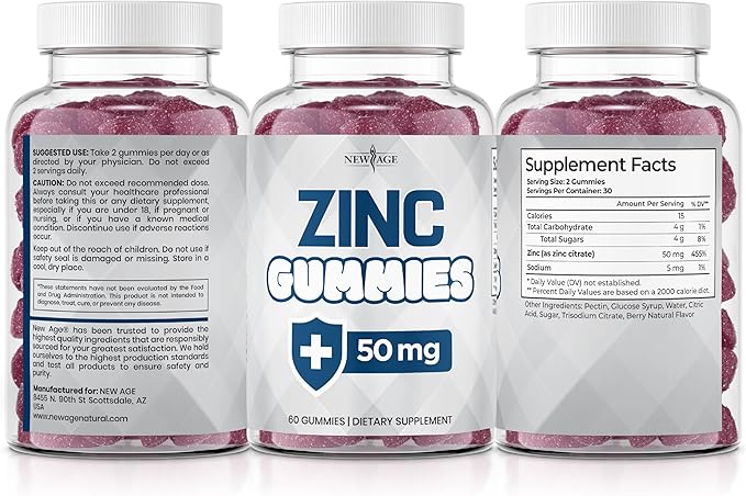 NEW AGE Zinc Gummies - 50mg Zinc Supplement Immune Supplement Antioxidant Non-GMO (60 Count (Pack of 1))