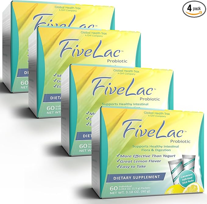 Global Health Trax GHT - FiveLac Lemon Probiotic Powder Drink Mix Probiotics for Women Men Kids - Smooth Digestive Support &amp Elimination – Relieves Constipation &amp Gas - 60 Packets (4 Pack)