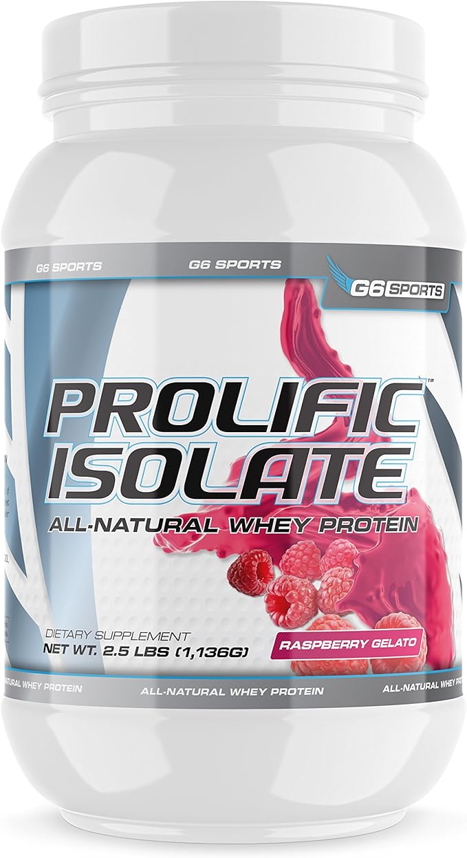 G6 Sports Nutrition Prolific Isolate All Natural Whey Protein Isolate (Gluten Free Lactose Free Soy Free Stevia Sweetened 25g Protein 100 Calories) – 2.5lb Jar – Raspberry Gelato