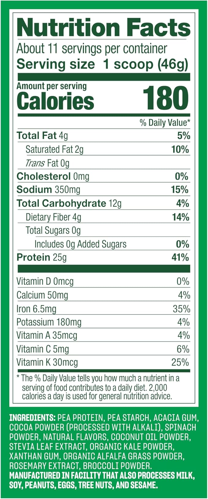 Vega Protein and Greens Protein Powder Creamy Chocolate (11 Servings) 25g Plant Based Protein Plus Veggies Vegan Non-GMO Pea Protein for Women and Men 1.2lbs