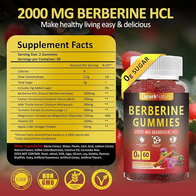Berberine Gummies 2000 mg Berberine Supplement with Ceylon Cinnamon Turmeric Milk Thistle Magnesium Chromium for Immune Support Sugar Free Vegan Raspberry Flavor 120 Count-2 Pack