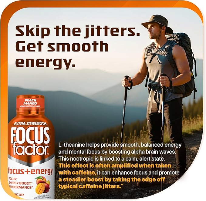 Focus Factor Extra Strength Focus + Energy Shots - 12 x 2oz Bottles (Peach Mango Flavor) - Powered by Nootropics with Caffeine L-Theanine Ginkgo Bacopa L-Tyrosine Alpha GPC