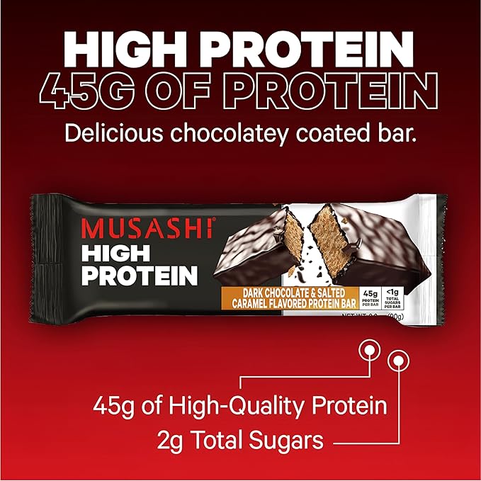 MUSASHI High Protein Bar 45g Protein &lt1g Total Sugars Dark Chocolate &amp Salted Caramel Post Workout and Protein Snack On The Go 12 Pack of 3.2oz (90g) Bars