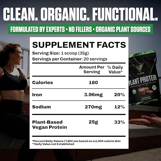 VEDGE Vegan Protein Powder - Plant Protein Powder with Pea Pumpkin &amp Sunflower - USDA Organic Amino Acids Dairy Free Gluten Free Soy Free Keto Non GMO - Peanut Butter Cup - 20 Servings