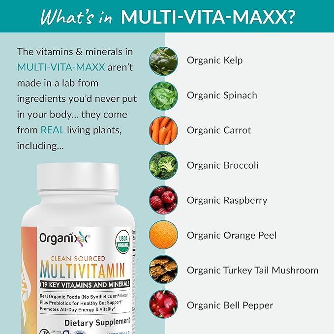 Organixx Clean Sourced Multivitamin for Women &amp Men w/Vitamin C D3 Vitamin B Complex Probiotics Organic Fruits &amp Vegetables Supports Digestive Gut Health Immune Support 90 Vegan Gel Ca
