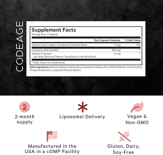 Codeage Liposomal CoQ10 Max Supplement - 250 mg Coenzyme Q10 with Vitamin E Isomers Tocopherols - 2-Month Supply - 1 Capsule Per Serving - Liposomal Delivery - Non-GMO Gluten-Free - 60 Capsules