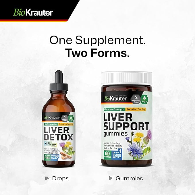 BIO KRAUTER® 9-in-1 Liver Detox with Vitamin C Milk Thistle Turmeric Dandelion Root Beet Root Chanca Piedra for Liver Support - Vegan Liver Supplement 60 Gummies 30 Days of Supply - Non-GMO