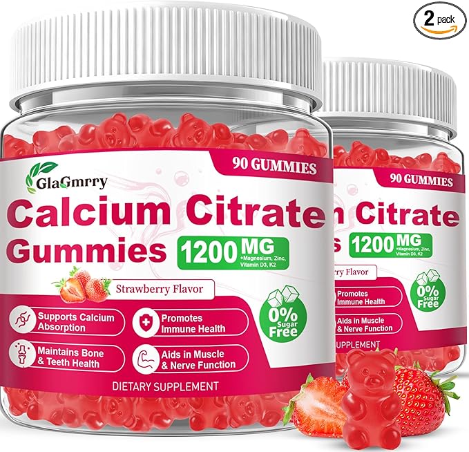 180 Count Calcium Citrate Gummies - 1200mg Calcium Gummies with Magnesium &amp 4 Essential Vitamins Support Bone Muscle Teeth Immunity Calcium Supplements for Women &amp Men Strawberry Flavor