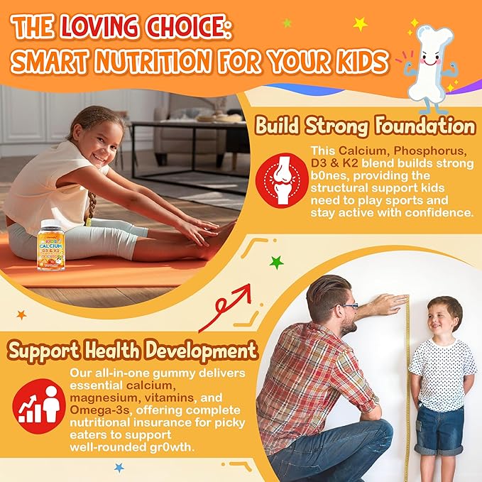 Kids Calcium Gummies with Vitamin D3 K2 - Calcium Citrate with Magnesium Zinc Omega-3 and Probiotics for Kids Bone Health Digestive &amp Development Support - Sugar Free Gummies Non-GMO Vegan