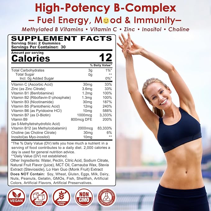 2Pack Vitamin B Complex Gummies Vegan Vitamin B Gummies with 2000 mcg Methyl B12 Methyl Folate | Plus Choline + Inositol Vitamin C + Zinc for Supports Energy Mood Immune Healthy Hair Skin
