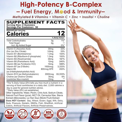 2Pack Vitamin B Complex Gummies Vegan Vitamin B Gummies with 2000 mcg Methyl B12 Methyl Folate | Plus Choline + Inositol Vitamin C + Zinc for Supports Energy Mood Immune Healthy Hair Skin
