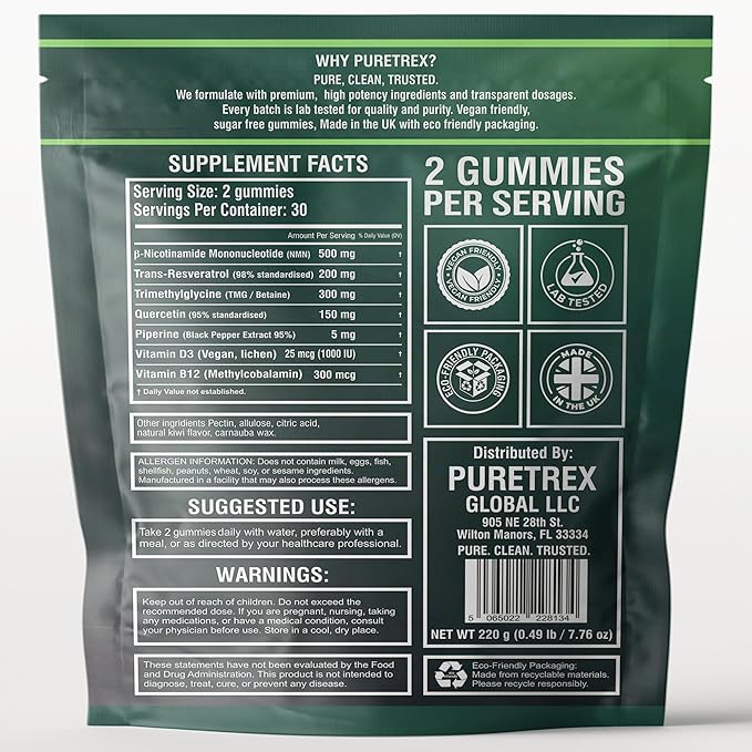 NMN 500mg + Trans-Resveratrol 200mg Kiwi Gummies with TMG Quercetin Piperine Vitamin D3 &amp B12 1480 mg Complex Cellular Health* Longevity* &amp Energy Support* 60 Vegan Gummies