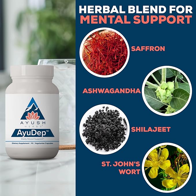 Ayush Herbs AyuDep - Saffron &amp Ashwagandha Supplements Uplifting Formula for Women &amp Men Herbal Support for Adults - 90 Vegetarian Capsules (1 Count)