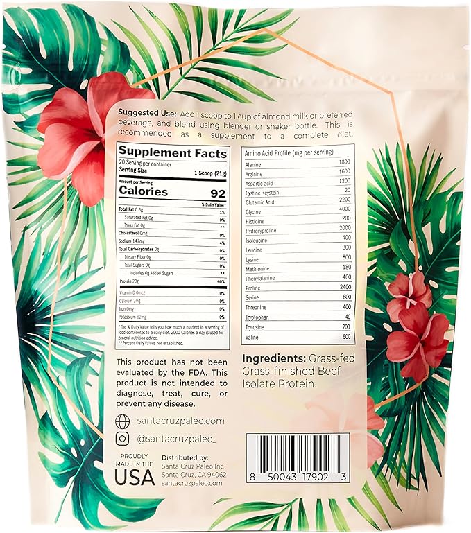 Santa Cruz Paleo Beef Isolate Protein Powder Au Naturel Rich in Collagen Peptides for Protein Shakes or Smoothies Gluten Free Keto Paleo Unflavored Unsweetened1.1lbs (20g Protein Per Serving)