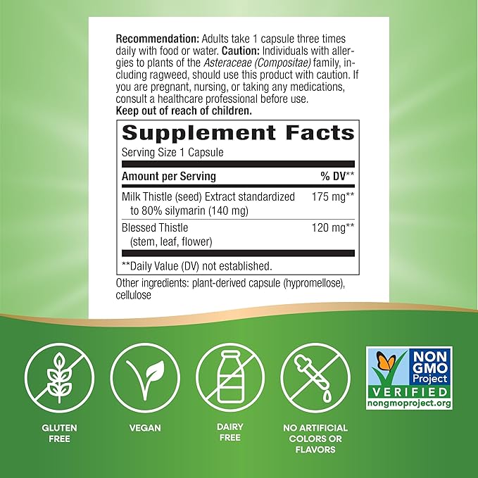 Nature's Way Standardized Milk Thistle 80% Silymarin per serving TRU-ID Certified Non-GMO Project Verified Vegetarian 120 Vegetarian Capsules Pack of 2