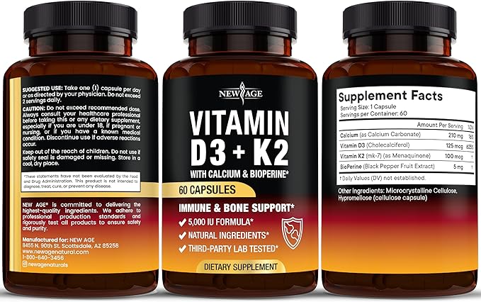 NEW AGE Vitamin D3 5000 IU + K2 MK-7 100 mcg - 2-in-1 Bone Immune &amp Heart Support Easy to Swallow Non-GMO - 120 Capsules