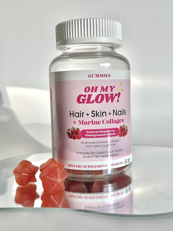 Oh My Glow! Hair Skin &amp Nails + Marine Collagen – Gluten-Free Non-GMO Gummies Raspberry Pomegranate