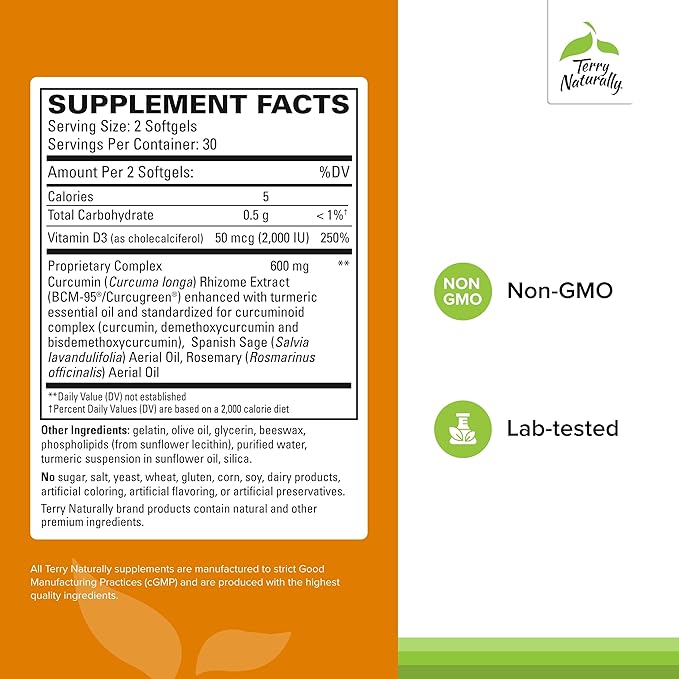 Terry Naturally Curamed Brain - 60 Softgels - BCM-95 Curcumin &amp Vitamin D3 Supplement Supports Brain Health Mental Clarity &amp Focus - Non-GMO Gluten-Free - 30 Servings