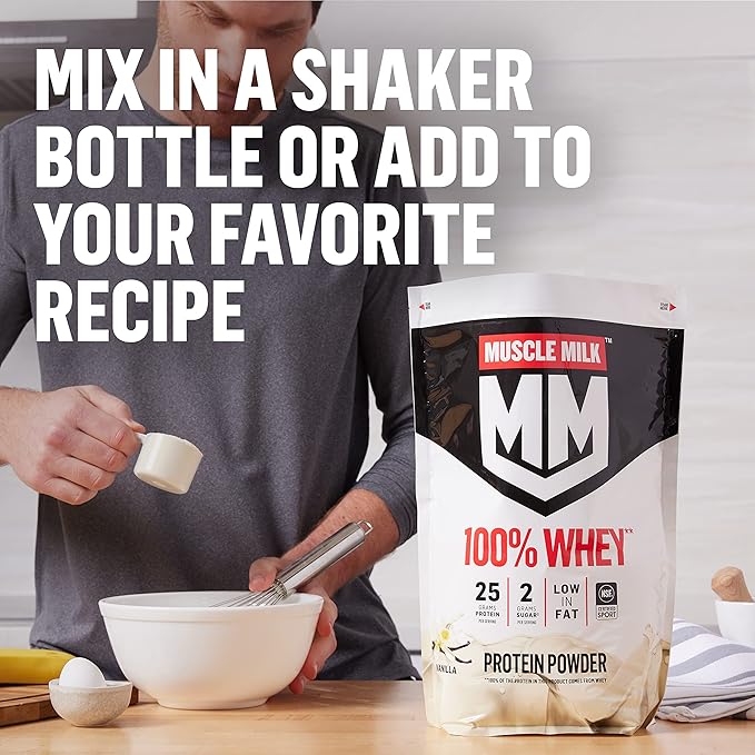 Muscle Milk 100% Whey Protein Powder Vanilla 5 Pound 68 Servings 25g Protein 2g Sugar Low in Fat NSF Certified for Sport Energizing Snack Workout Recovery Packaging May Vary