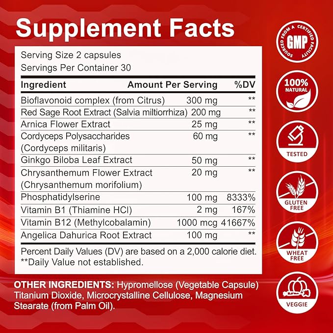 Tinnitus Relief Capsules for Ringing Ears - Tinnitus Supplement Extra Strength Formula with Flavonoids High-Potency B12 &amp Phosphatidylserine Supports Inner Ear Wellness 60 Capsules