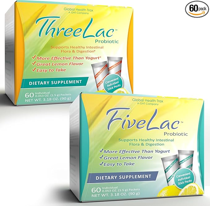 Global Health Trax GHT - FiveLac + Threelac Lemon Probiotic Powder Drink Mix Probiotics for Women Men Kids Smooth Digestive Support &amp Elimination Relieves Constipation &amp Gas - 60 Packets