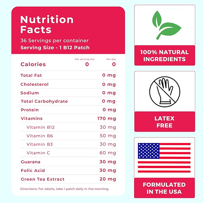 B12 Patches (Pack of 72) - 100% Natural Vitamin Patch for Women Energy Focus &amp Body Support Self-Adhesive Transparent Stickers - Enhanced Formula