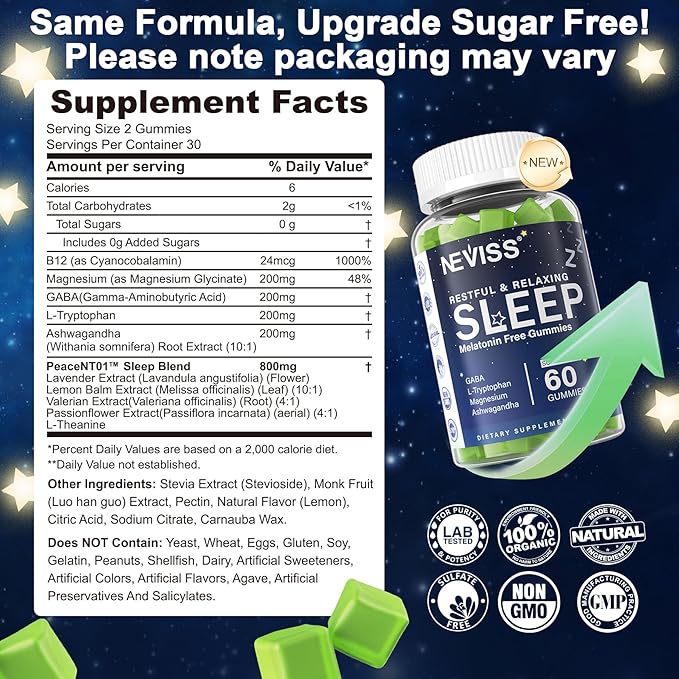 NEVISS Melatonin Free Sleep Aid Gummies for Adults - Magnesium Glycinate Gummies | GABA L-Tryptophan Magnesium Ashwagandha - Non-Habit Forming Help for Deep Relaxation - Vegan Lemon Flavor 2Pack