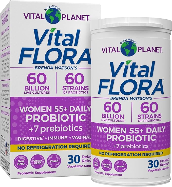 Vital Planet - Vital Flora Probiotics for Women Over 55 Daily Shelf Stable Probiotic 60 Billion CFU 60 Diverse Strains 7 Organic Prebiotics Immune Support and Digestive Health 30 Capsules