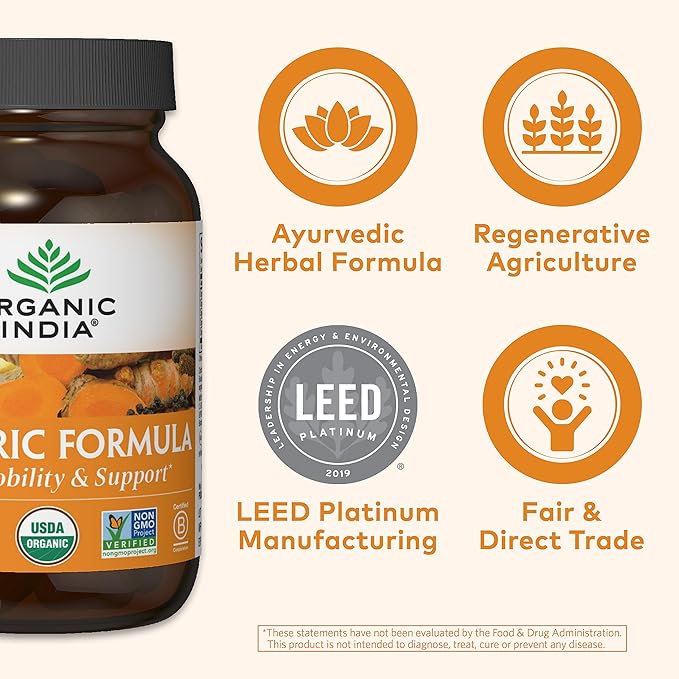 Organic India Turmeric Curcumin Herbal Supplement - Joint Mobility &amp Support Immune System Support Healthy Inflammatory Response Whole Root Supplement Organic Trikatu - 90 Capsules