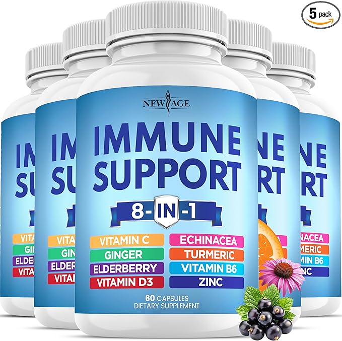 8 in 1 Immune Support Booster Supplement with Echinacea Vitamin C and Zinc 50mg Vitamin D 5000 IU Turmeric Curcumin &amp Ginger B6 Elderberry (8 in 1 Capsules (Pack of 5))