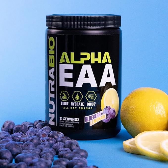 NutraBio Alpha EAA - All-Day Amino Acids for Muscle Growth and Hydration - Essential Amino Acids with Nootropics &amp Adaptogens- Full Spectrum EAA BCAA Powder - 30 Servings - Blueberry Lemonade