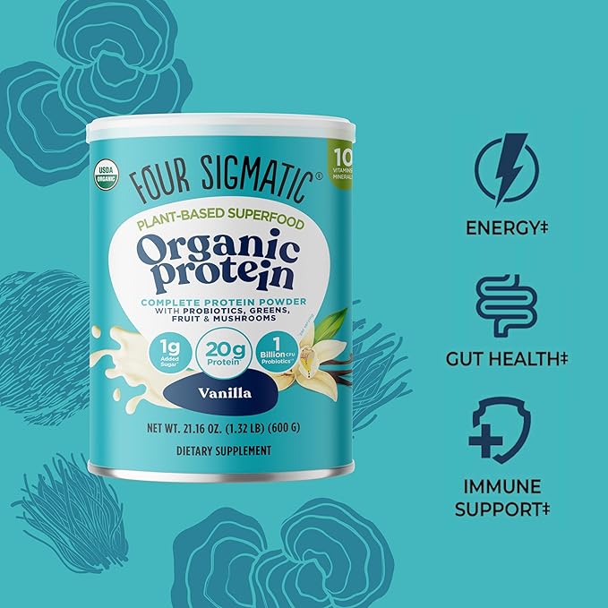 Four Sigmatic Organic Vegan Protein Powder | 18g Plant-Based Protein per Serving | Gluten Free Dairy Free Soy Free Non-GMO with No Filler Ingredients | 21.16oz 15 Servings | Vanilla