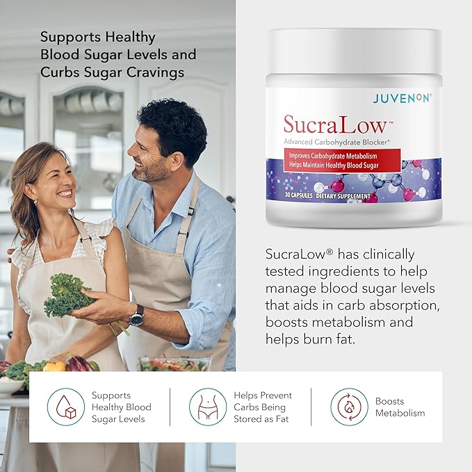 Juvenon SucraLow Advanced Carb Blocker – Supports Blood Sugar Reduces Carb &amp Starch Absorption Aids Metabolism &amp Limits Fat Storage – Mealtime Supplement for High-Carb Meals (30 Capsules)