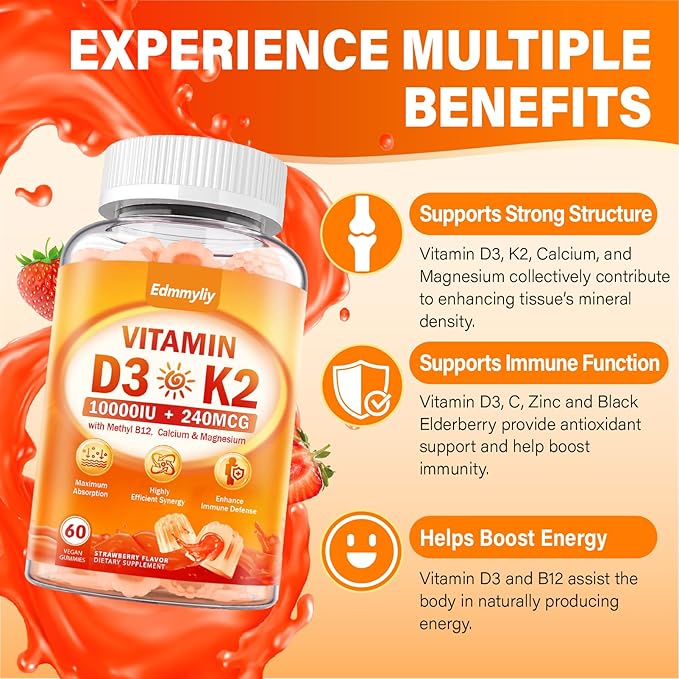Vitamin D3 Supplement 10000IU for Adult - Vitamin D3 5000IU / 10000IU Gummies with K2 Methyl B12 Calcium Magnesium Zinc and Elderberry for Women &amp Men - Sugar-Free Vegan Vitamin D Gummies