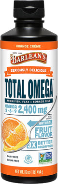 Barlean's Total Omega 3 6 9 Liquid Fish Oil Supplement with Borage and Flaxseed Oil Orange Crème 2400 mg of EPA DHA and GLA Fatty Acids 16 oz