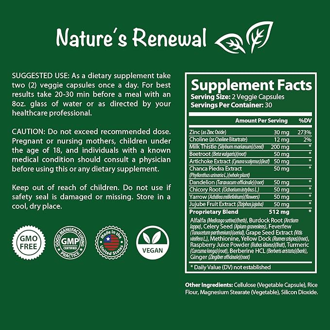 Nature's Renewal Liver Support Supplement – Cleanse Detox Repair Renew Recovery Formula with Milk Thistle Dandelion Root Artichoke Extract Choline Turmeric – 60 Capsules
