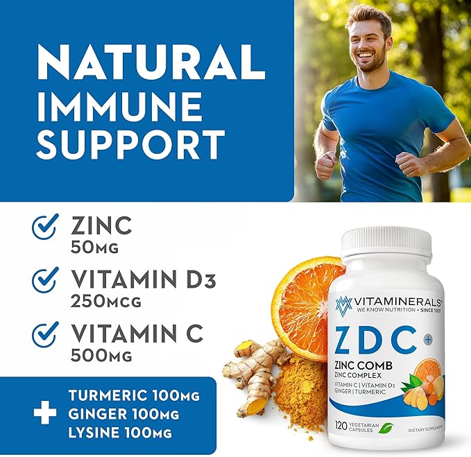 Vitaminerals® Z D C Zinc Complex 50mg | Vitamin D3 250mcg | Vitamin C 500mg | Ginger | Lysine | Turmeric | Vegetarian Capsules| 120 Servings