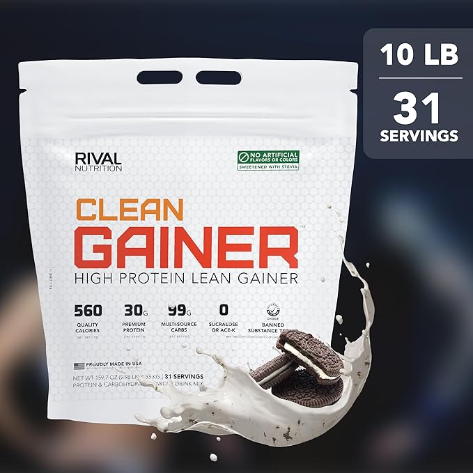 RIVAL NUTRITION Clean Gainer Protein Powder - 10LB Cookies and Cream - High Protein Lean Mass &amp Weight Gainer | 560 Calories 30g Protein 99g Multi-Source Carbs No Artificial Flavor – 31 Serving