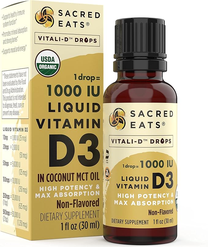 Organic Liquid Vitamin D Drops for Kids &amp Adults Sugar Free. Easy to Use 1000 IU/Drop in Coconut MCT Oil. Lasts Months Best for High Doses. Max Absorption VIT D3 Supplement. No Taste (Flavorles