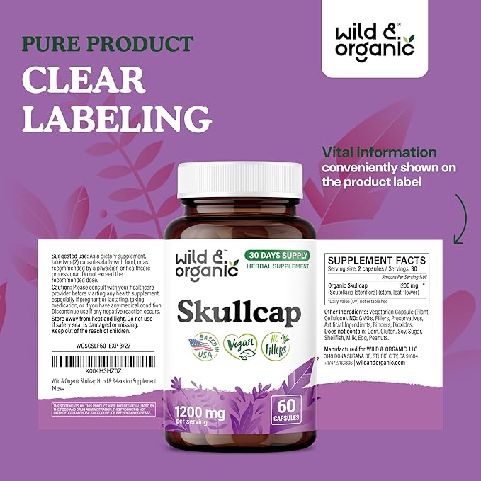 Wild &amp Organic Skullcap Capsules 1200 mg - Relaxing Skullcap Herb Supplement - 60 Capsules - Scutellaria Lateriflora Leaf Extract - 1-Month Supply - Vegan No Fillers Non-GMO