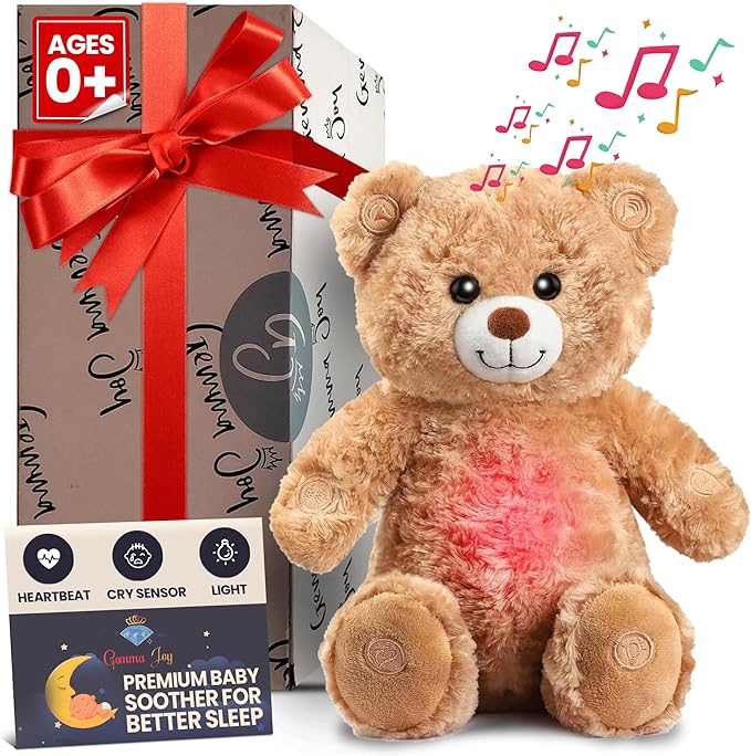 Gemma Joy Bedtime Baby Soothers &amp StickyOnes Sleep Patches - Cry Activated Heartbeat Bear Plush Toy Stuffed Animal with Calming Light &amp All-Natural No Melatonin Bedtime Patches for Kids and