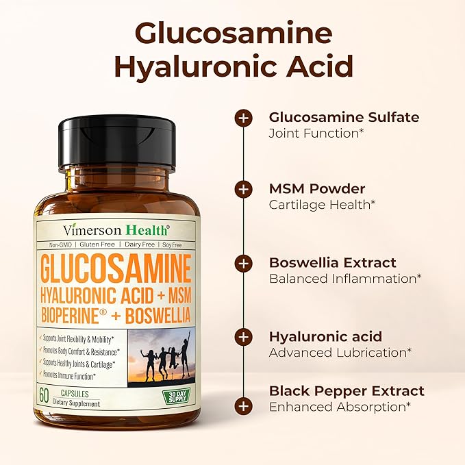 Joint Support Supplement with Glucosamine Sulfate Hyaluronic Acid Boswellia &amp MSM – Supports Joint Health Mobility &amp Bone Strength – for Daily Use – FSA Eligible 60 Capsules