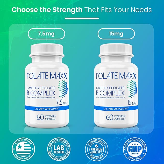 L Methylfolate 15mg with Active Vitamin B Complex – 60 Capsules – High Potency 5-MTHF with B6 Blend and Methyl B12 Supplement – 3-in-1 Non-GMO Gluten Free (2-Month Supply)