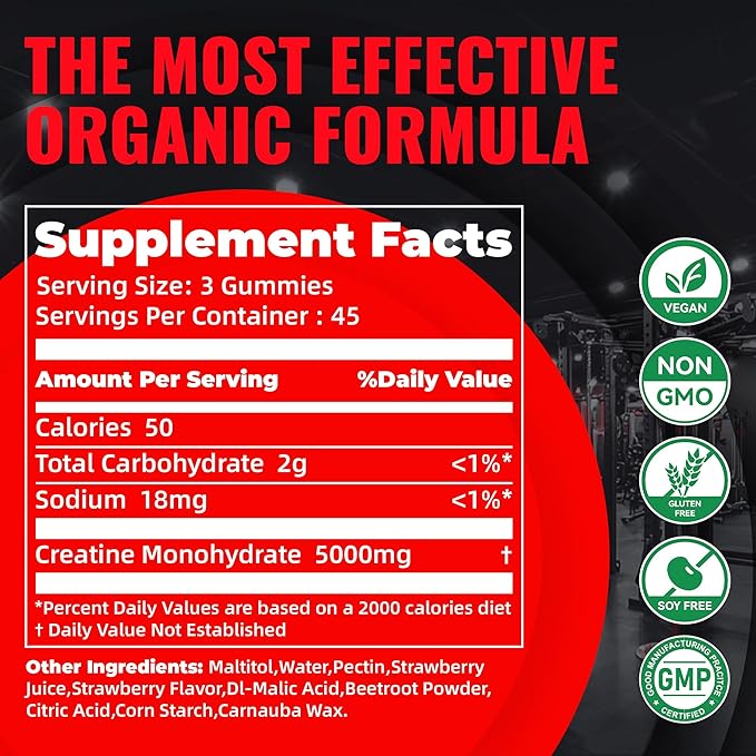 Natures Aid NSF Certified Creatine Gummy 5g - Creatine Monohydrate Gummies – Pre-Workout Energy &amp Muscle Growth Support for Men &amp Women | Strawberry Electrolyte Gummies (135 Count)