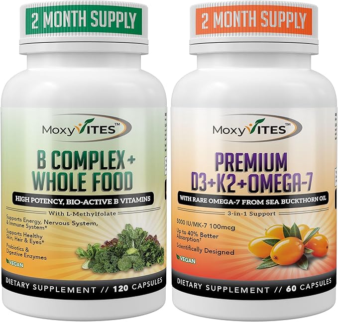MoxyVites Vitamin B Complex &amp Vitamin D3 K2 with Omega-7 Bundle – Energy Immune &amp Bone Support – Daily Wellness Vitamins for Men &amp Women