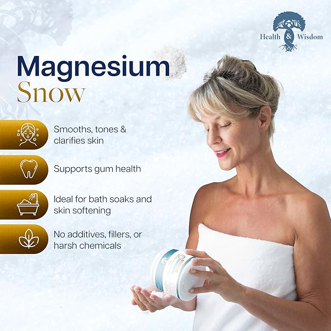 Health and Wisdom Magnesium Snow - Fine Magnesium Carbonate Powder for Face Body and Oral Care - Enhanced Absorption to Tone Smooth and Tighten Skin - 2.65 oz