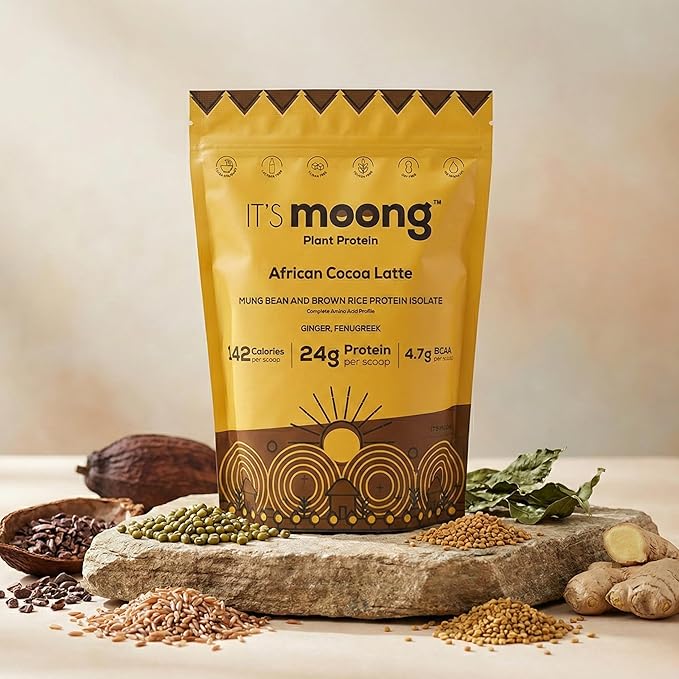 It’s Moong Plant Protein Powder African Cocoa Latte | Mung Bean &amp Brown Rice Isolate with Ginger &amp Fenugreek 24g Protein 4.7g BCAAs | Vegan Gluten Free Soy Free Sugar Free | 17.64 oz (500