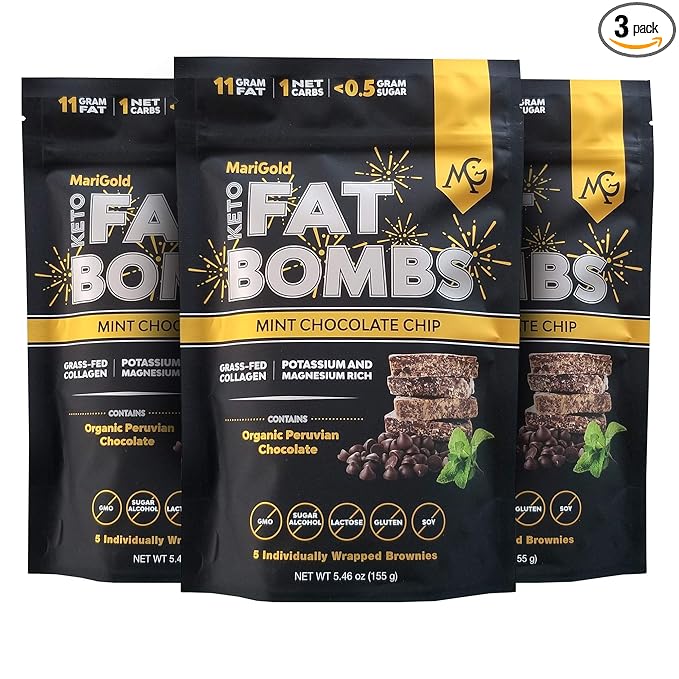 MariGold Keto Fat Bombs Snacks - Mint Chocolate Chip - Low Carb Collagen Rich Organic Cocoa Butter Dark Chocolate Organic Peppermint Gluten-Free Non-GMO (3 bag 5 Servings Each) No Weird Aftert